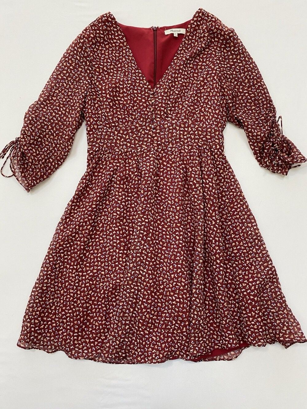 Madewell Size 0 Cottagecore Floral Gathered Button Front V Neck Burgundy Dress